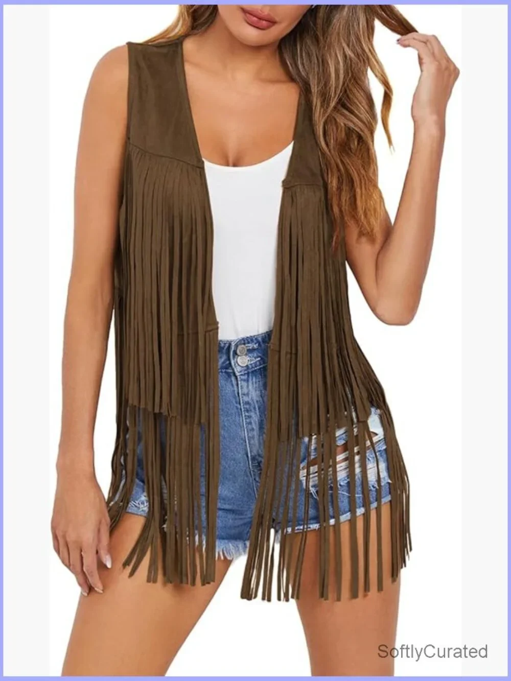 Fringe Vest Sleeveless 70s Hippie Costume Cowgirl Western Faux Suede Tassel - Picture 1 of 7